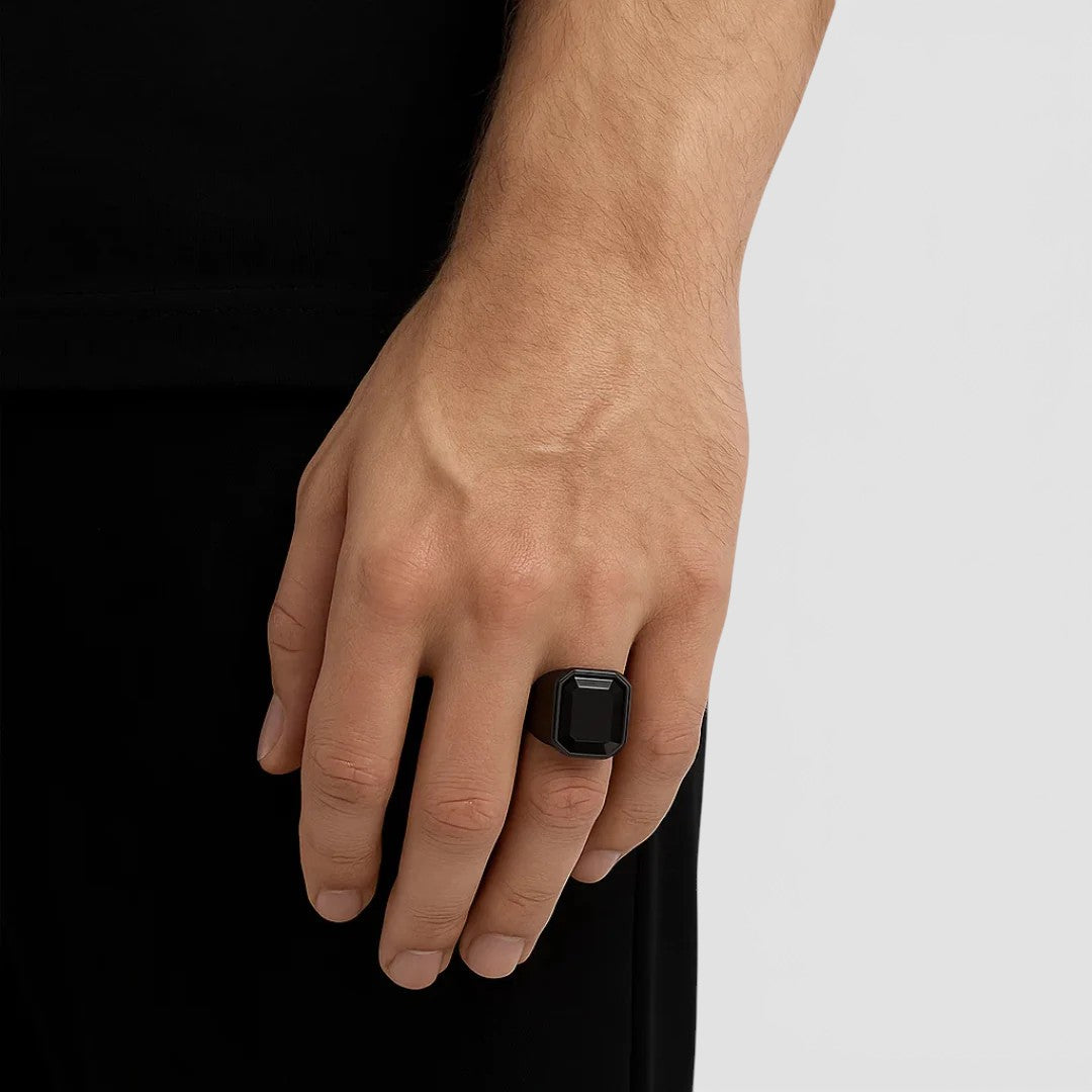 Noviqlo | Stainless Steel Square Signet Ring with Black Synthetic Stone
